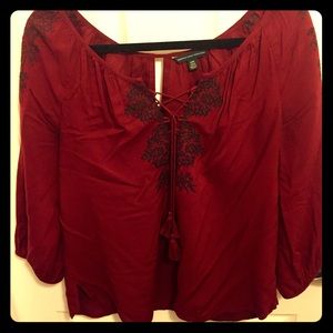 3/4 Sleeve Length Embroidered Dark Red AEO Blouse